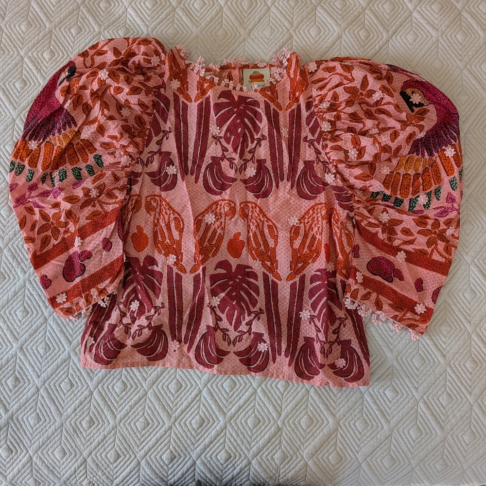 Farm Rio Ainika Macaws Puff Sleeve Cotton Top XS